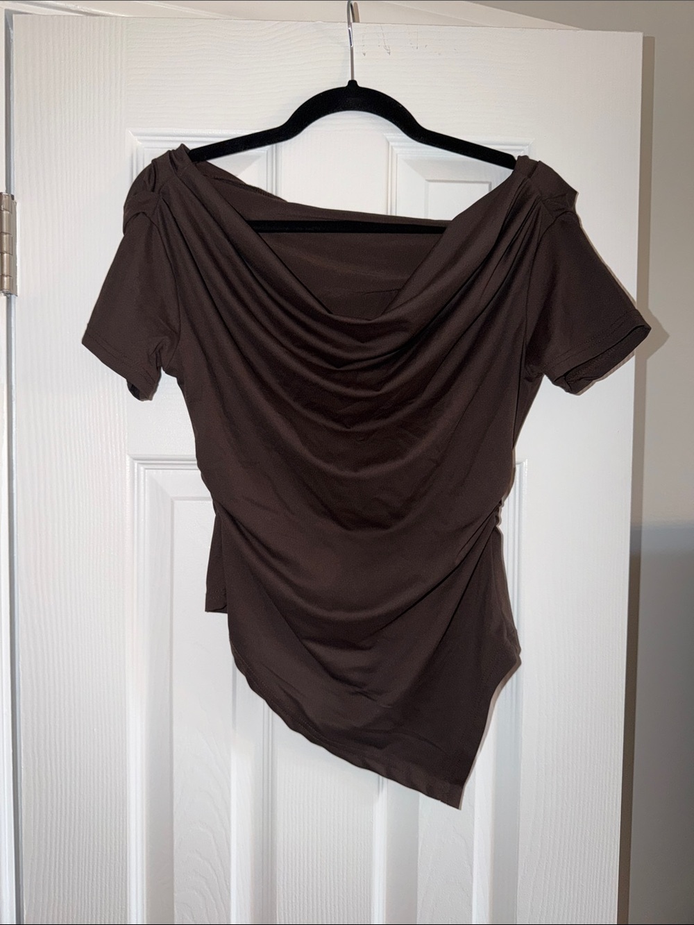 SHEIN Brown Draped Short-Sleeve Cowl Neck Top